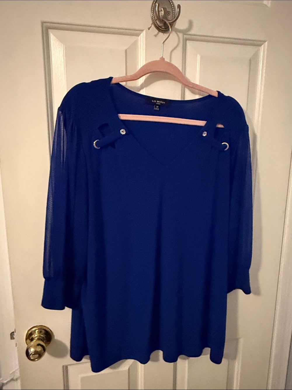 Liz Mccoy Royal Blue V-Neck Blouse with Sheer Sleeves
